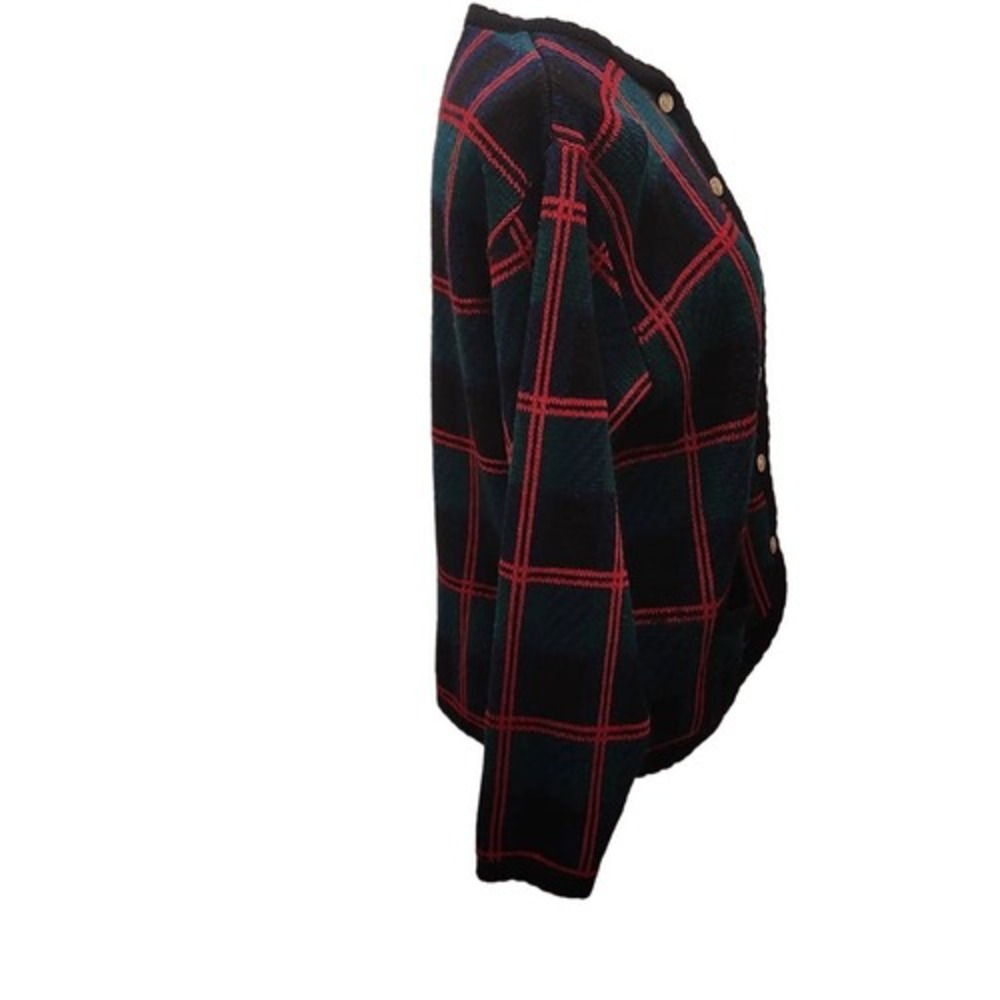 Vintage Tally-Ho Plaid Cardigan Sweater Medium Red Green Blue Crest Buttons 90s - Picture 10 of 12